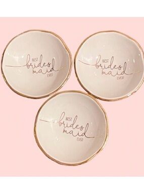 🆕-SANTA BARBARA DESIGN-Set of 3 "Best Bridesmaid Ever' Trinket Dishes Gold Rim